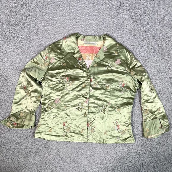 Vintage y2k 90s Kimono Silke Jacket Women's Japanese Asian Silk Floral Green 3 - Picture 1 of 6
